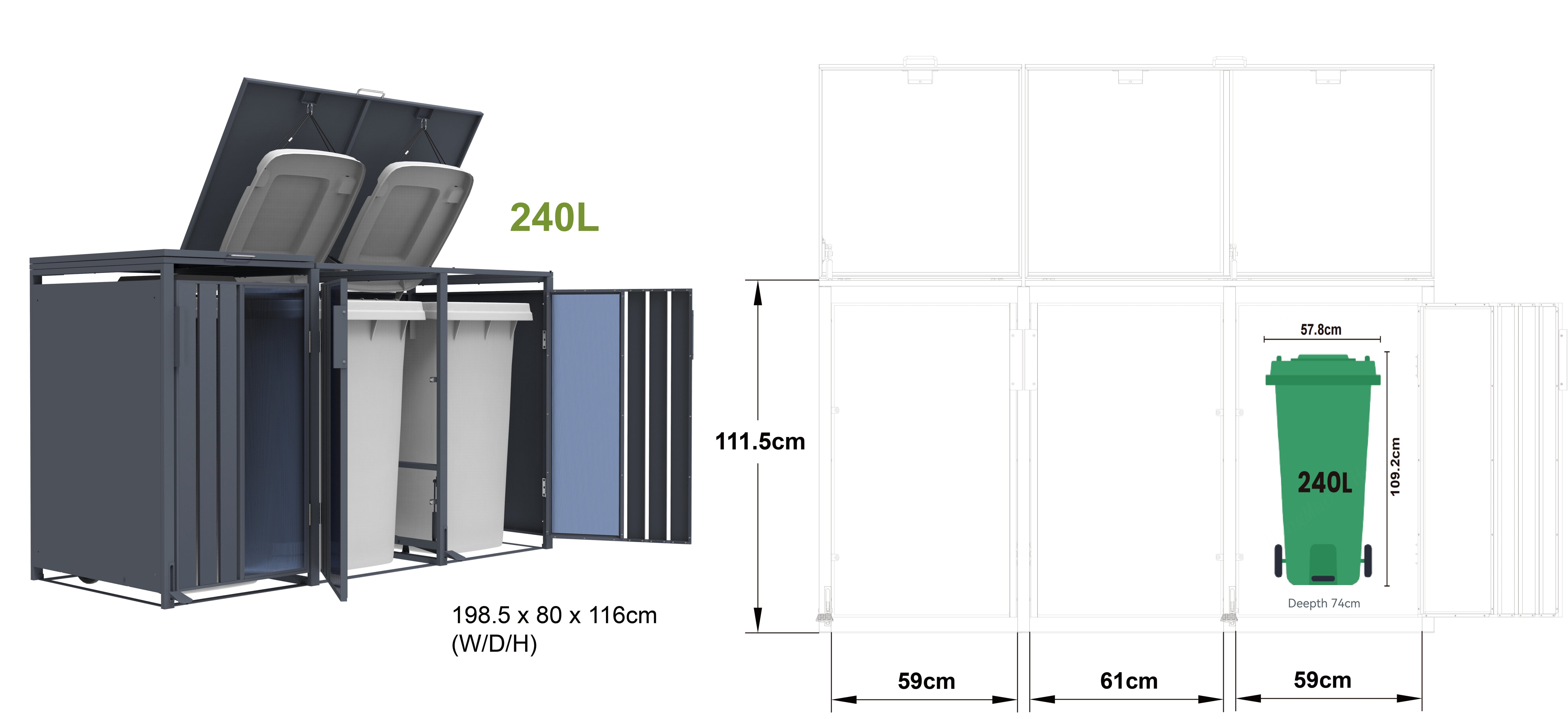 Stormà Wheelie Bin Shed (Triple) – Dark Grey Finish